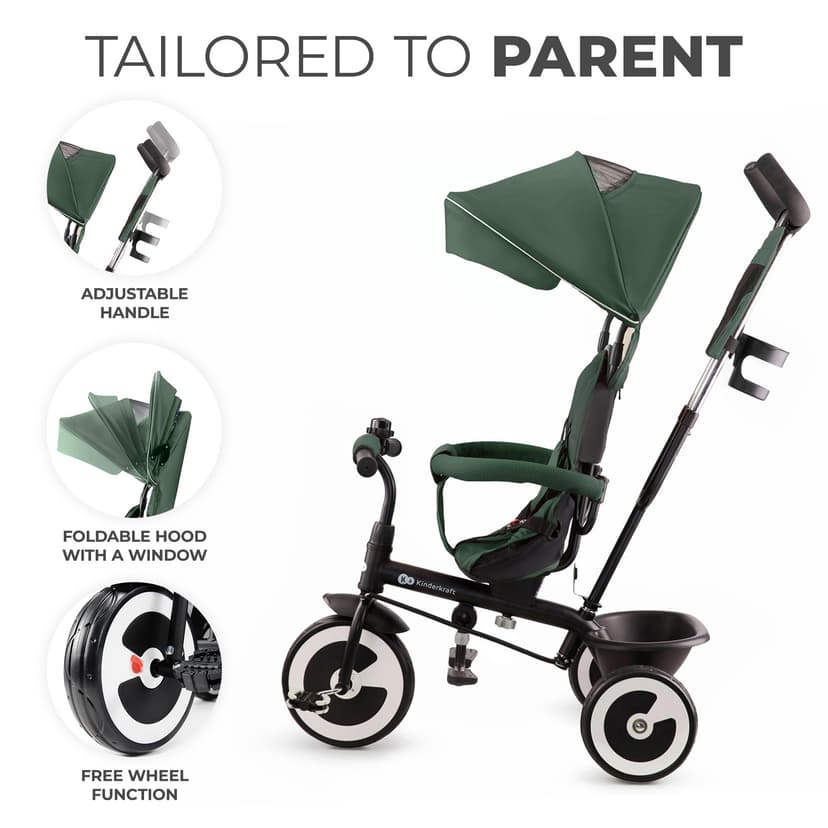 Kinderkraft Aston Tricycle, Baby Push Trike, Kids First Bike, Free Wheel Functions, Parenthandle, Footrest, Accessories, Bag, Cupholder, from 9 Months to 5 Years, Green - 4