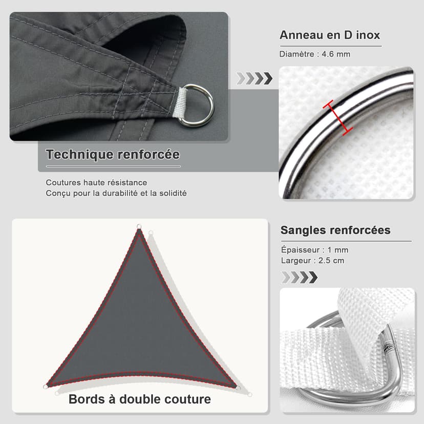 HENG FENG Sun Shade Sail Triangle 3x3x3m Waterproof PES Polyester Canopy Awning Sunscreen with 95% UV Block for Outdoor Patio Garden Anthracite - 2