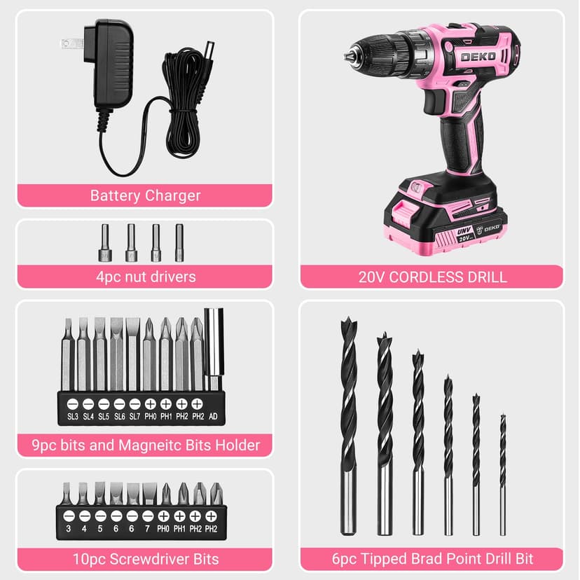Power Drill Cordless: DEKOPRO Pink Cordless Drill 20V Electric Power Set Tool for Women Drills with Battery and Charger Drills Driver Kit - 4