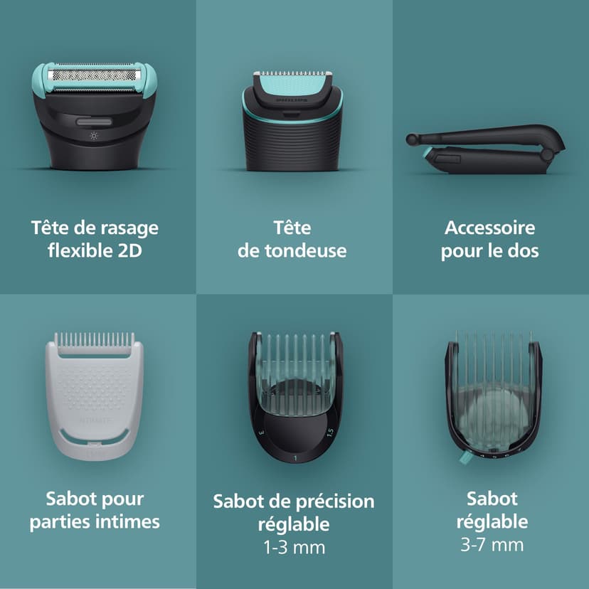 Philips Bodygroom série 7000 - tondeuse hommes avec tête flexible 2D, système de rasage Triple protection, têtes interchangeables, zones intimes, 100% étanche, autonomie 120 min, modèle BG7480/15 - 3