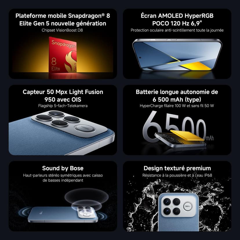 Xiaomi POCO F8 Ultra, Smartphone 12+256 Go, écran AMOLED 6,9" 120 Hz, Appareil Photo 50 MP Light Fusion 950 avec OIS, Son signé Bose, Batterie 6500 mAh, Noir, Garantie 2 Ans, Chargeur Non Inclus. - 5