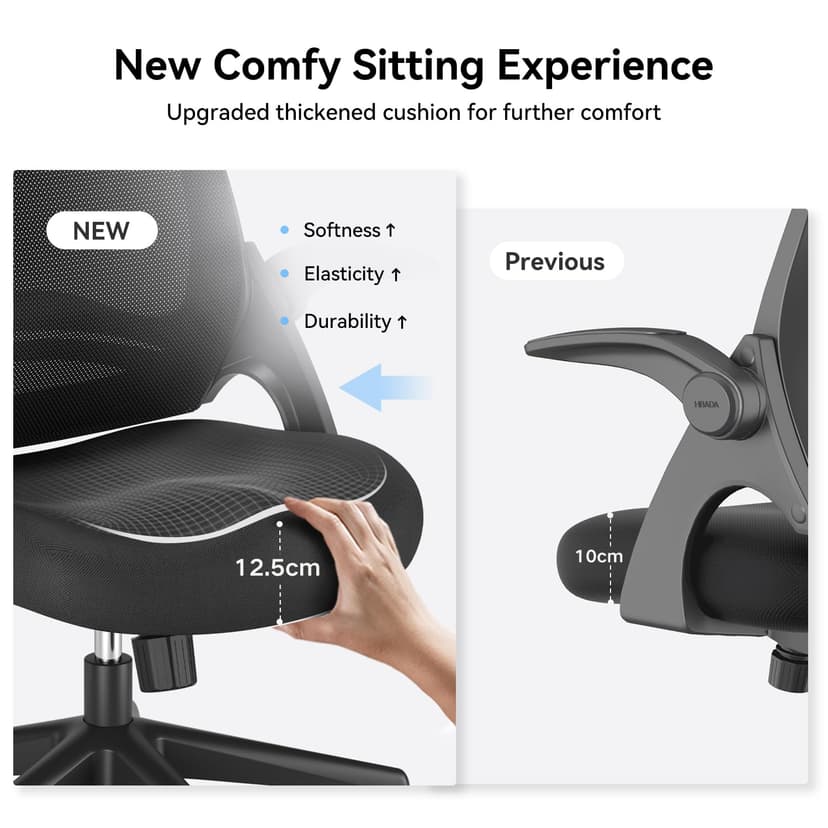 Hbada Office Chair Desk Chair Flip-up Armrest Ergonomic Task Chair Compact 120° Locking 360° Rotation Seat Surface Lift Reinforced Nylon Resin Base, White - 3