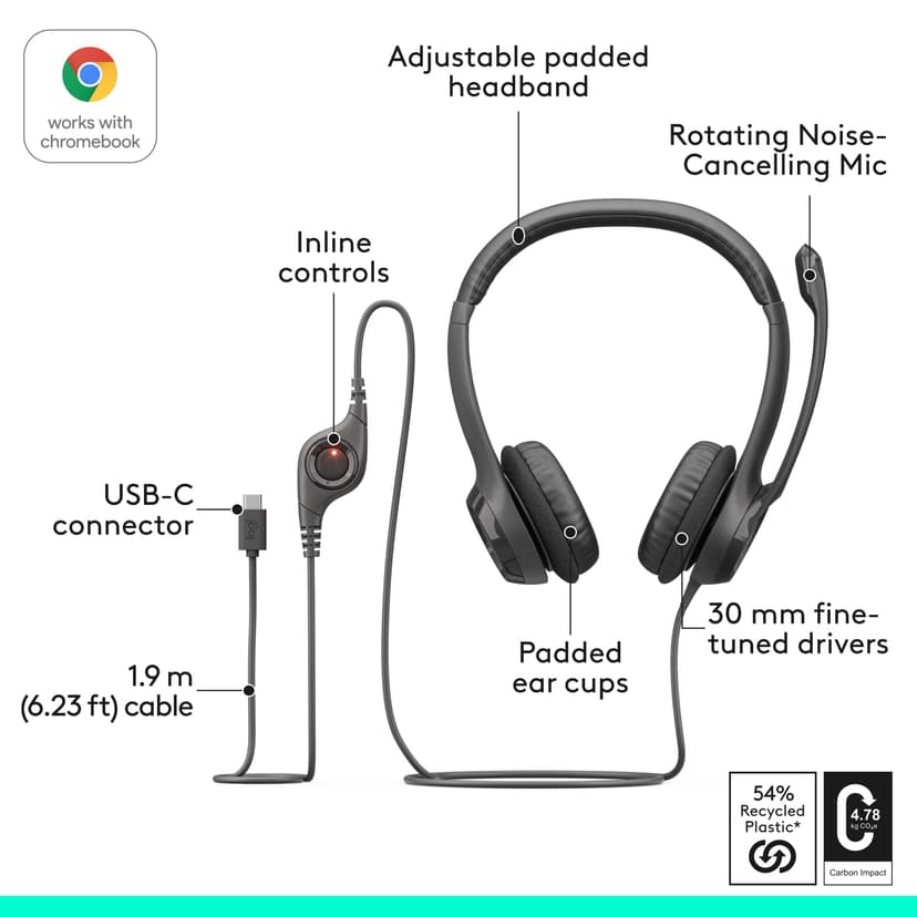 Logitech H390 kabelgebundenes Headset für PC/Notebook, Stereo-Kopfhörer mit Mikrofon mit Geräuschunterdrückung, Stereo, Bedienelemente am Kabel, Works with Chromebook – SCHWARZ - 6