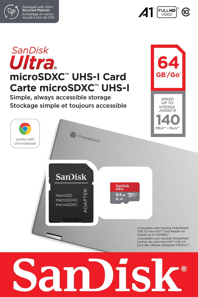 SANDISK Ultra microSDXC card 64GB for Chromebook + SD adapter (up to 140 MB/s transfer speed, with A1 App Performance, UHS-I, Class 10, U1) - 3