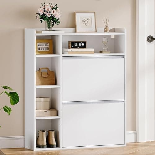 HEXCELEN Meuble à Chaussures Entrée avec 2 Portes, Armoire à Chaussures, 5 Compartiments, Séparateur Réglables, 8 à 12 Paires, pour Entrée, Salon, 84,7 x 24 x 102 cm, Blanc