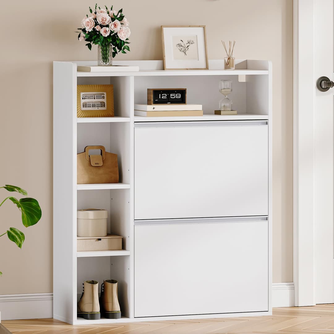 HEXCELEN Meuble à Chaussures Entrée avec 2 Portes, Armoire à Chaussures, 5 Compartiments, Séparateur Réglables, 8 à 12 Paires, pour Entrée, Salon, 84,7 x 24 x 102 cm, Blanc