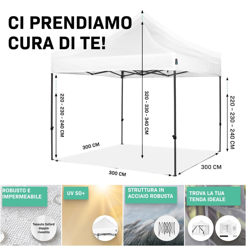 VONROC Tente Easy-Up - 3x3 m – Pliante - Design Modulaire : Auvent, Tonelle, Chapiteau, Marchés Saisons – Pliable – Imperméable – Cadre en Acier - Protection UV 50+ - Blanc - Sac de Rangement Inclus - 4