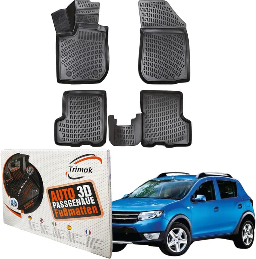 Trimak Perfect Fit 3D Car Floor Mats Compatible with Dacia Sandero 3 Gen from 2021 No Stepway Car Accessories 1st and 2nd Row Rubber Mats Cars TPE All Weather Odourless Non-Slip Front and Rear Black - 1