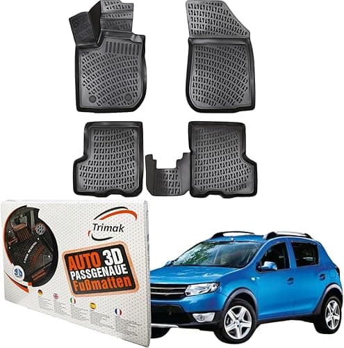 Trimak Perfect Fit 3D Car Floor Mats Compatible with Dacia Sandero 3 Gen from 2021 No Stepway Car Accessories 1st and 2nd Row Rubber Mats Cars TPE All Weather Odourless Non-Slip Front and Rear Black