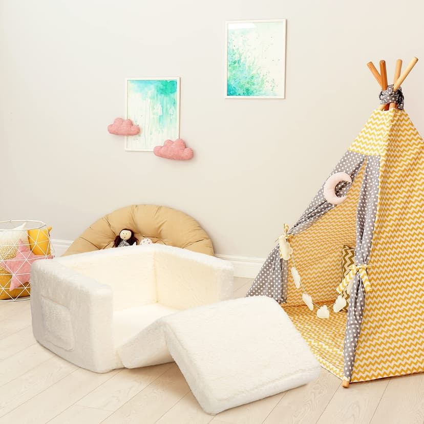 BEJOY Kids Sofa Bed 2-in-1 Flip Out Cuddly Sherpa Toddler Couch Convertible Chair to Lounger Children Sofa Bed Children's Day and Birthday Gift for Girls Boys, White - 9