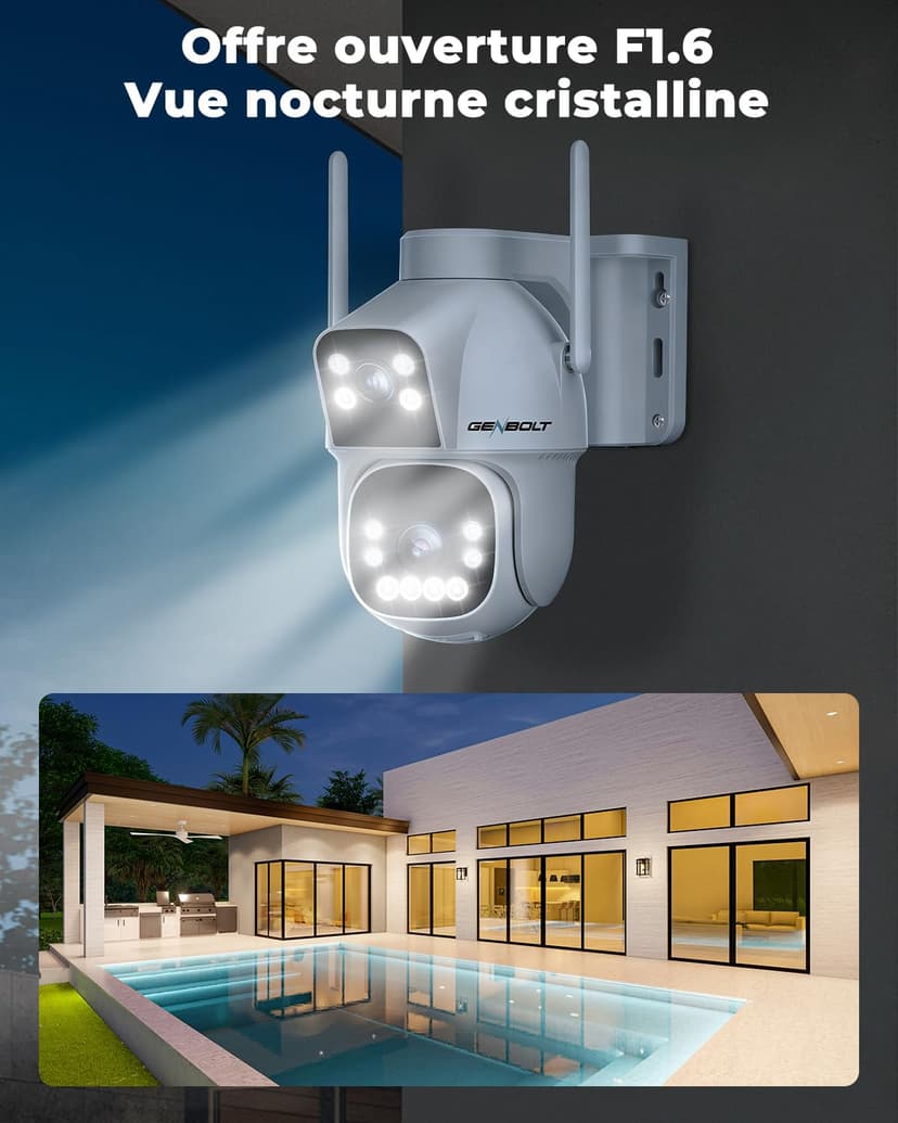 GENBOLT Solar WiFi Security Camera Outdoor Wireless, 8W 15600mAh Battery Powered Home Surveillance Camera CCTV with Dual View, Dual lens Spotlight IP Camera with Color Night, PIR Detection - 8