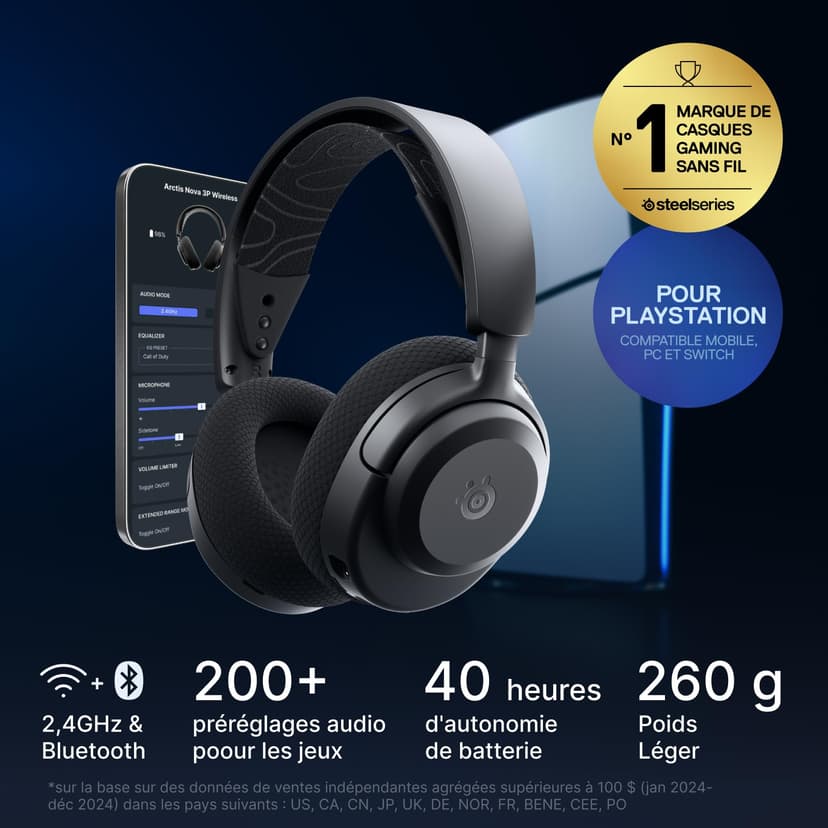 SteelSeries Casque Arctis Nova 3P Wireless - Appli Mobile Companion - Batterie 40h - Haut-parleurs magnétiques en néodyme - 2,4 GHz/Bluetooth - Micro détachable - PS5, PS4, PC, Switch, Mobile -Noir - 2