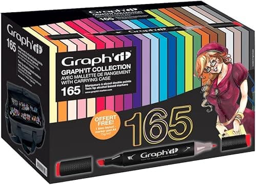 Graph'it - Coffret de 165 Marqueurs à Alcool Double Pointe : 150 Fines et Biseautés et 15 Brush Extrafine et Pinceau - Manga et Illustration - Mallette de Transport - Bloc Layout A4