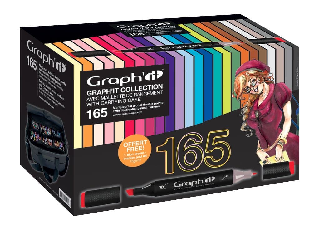 Graph'it - Coffret de 165 Marqueurs à Alcool Double Pointe : 150 Fines et Biseautés et 15 Brush Extrafine et Pinceau - Manga et Illustration - Mallette de Transport - Bloc Layout A4