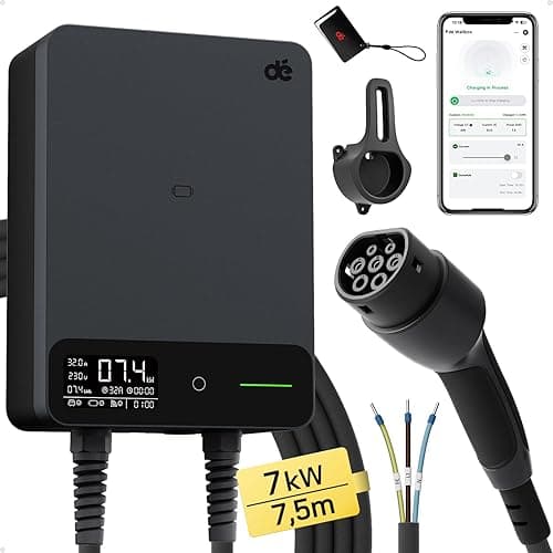 dé Wallbox 7.4 kW with Electricity Meter [1-Phase|400V|6-32A], Home Charging Station 7.5 m Charging Cable CEE 32A to Type 2 EV Charger, CE Certified with Cable Holder for EV and PHEV, Black
