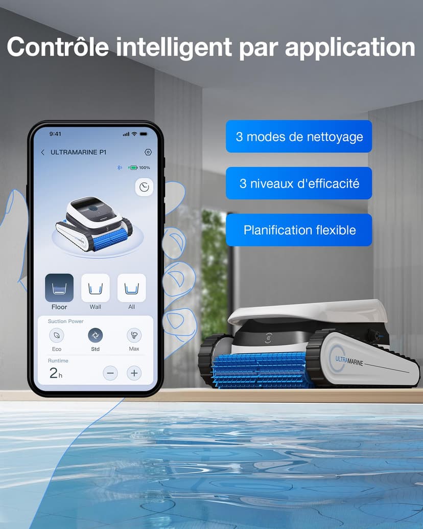 ECOVACS Ultramarine P1 Robot Piscine Nettoyage Fond et parois, Aspirateur Piscine 180 Min, 180 m², Aspiration UltraPure 300 L/Min, Application, Filtre Double Couche, Navigation SmartNavi - 7