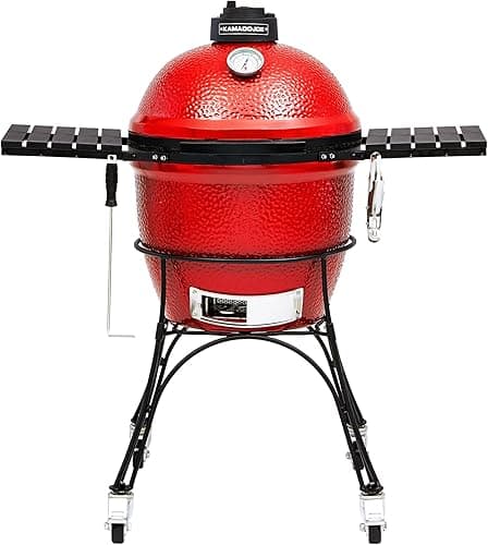 Kamado Joe KJ23RH Classic I Smoker BBQ, Outdoor Charcoal Barbecue Grill In Red With Cast Iron Cart, Heat Deflectors And Ash Tool