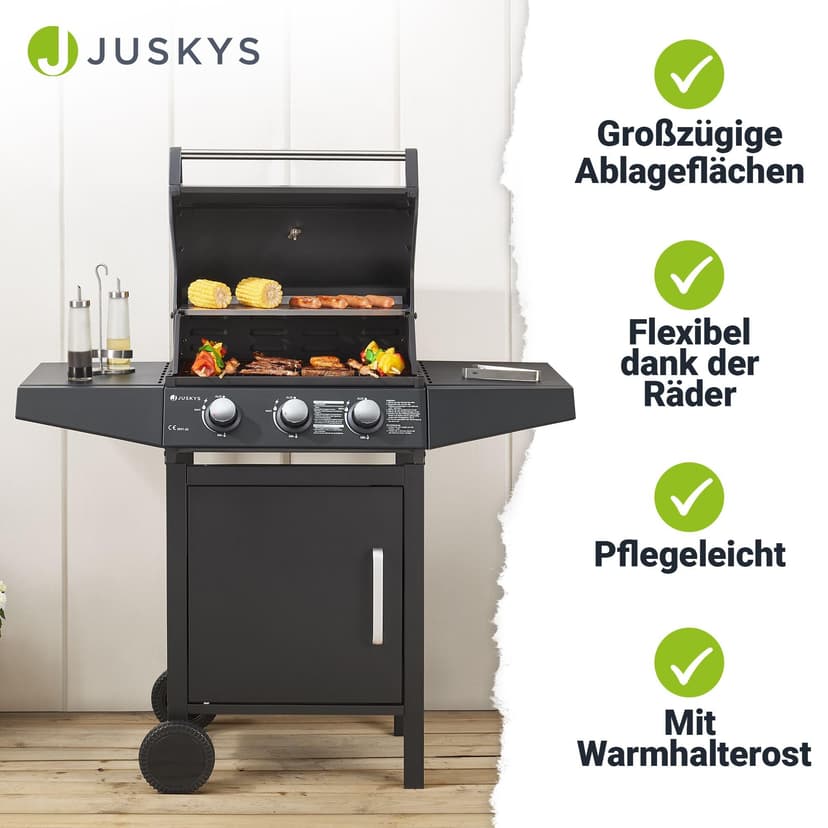 Juskys Barbecue à gaz Louisiana avec 3 brûleurs 8,1 kW, avec grille, couvercle – Grill avec thermomètre, chauffe-plat et tablettes latérales - 6