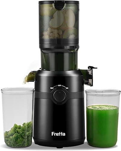 FRETTA Juice Extractor, Cold Juicer with 108 mm for Whole Fruits and Vegetables, 1.0 L, 200 W Juice Extractor with Double Filter, Easy to Clean, BPA-Free, Black