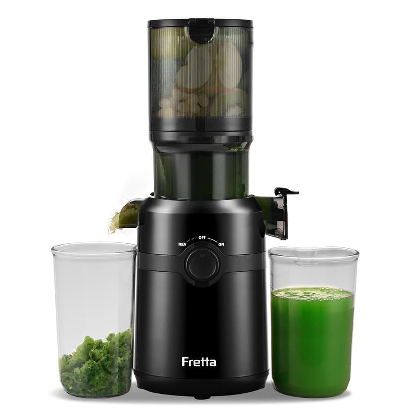 FRETTA Juice Extractor, Cold Juicer with 108 mm for Whole Fruits and Vegetables, 1.0 L, 200 W Juice Extractor with Double Filter, Easy to Clean, BPA-Free, Black - 1