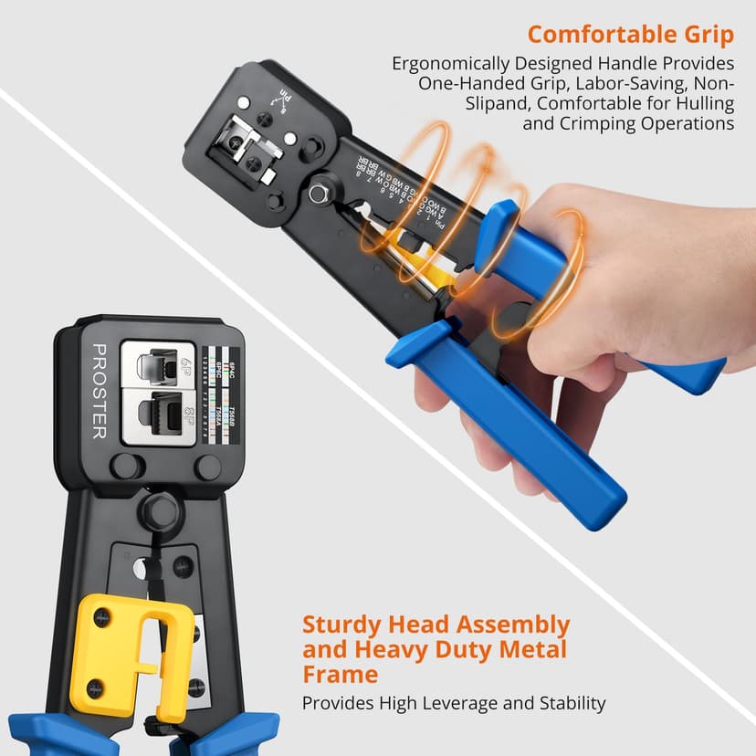 Proster RJ45 Crimp Tool Kit - RJ45 Pass Through Crimp Tool for CAT5 CAT5e CAT6 Network Cable with Network Cable Tester & 50Pcs Gold-Plated CAT6 Connectors & Covers & 5 Spare Blades & Stripper - 6