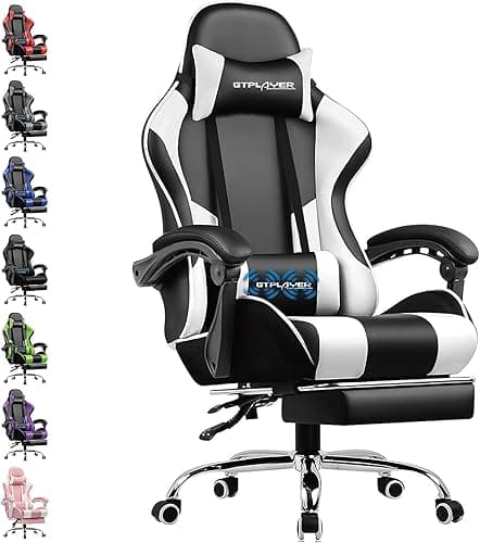 GTPLAYER Gaming Chair, Massage Computer Chairs with Footrest, Headrest and Lumbar Support Height Adjustable Ergonomic 360°-Swivel PC Chair White