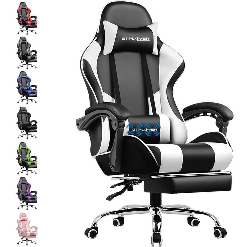 GTPLAYER Gaming Chair, Massage Computer Chairs with Footrest, Headrest and Lumbar Support Height Adjustable Ergonomic 360°-Swivel PC Chair White - 1