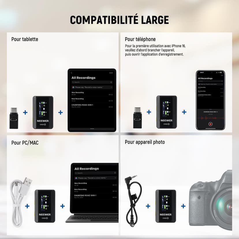 NEEWER CM28 (1 RX + 2 TX + Charging Case), Wireless Lavalier Microphone, Smart Noise Cancelling, 48KHz/16Bit 9 Hrs Uncompressed Recording, 656ft/200m Range, Lav Mic for iPhone, Android, Camera - 7