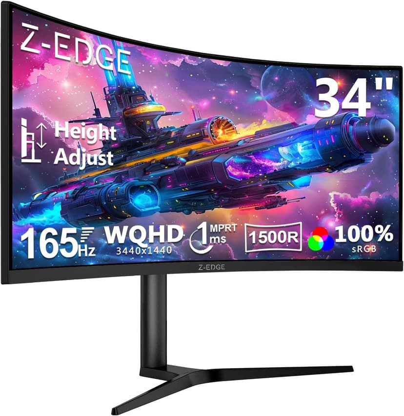 Z-Edge 34 Inch Ultrawide Curved Gaming Monitor 165Hz 1ms MPRT, 3440x1440 UWQHD, 21:9 VA Panel, Tilt Swivel Height Adjustable, FreeSync, DisplayPort (165Hz) HDMI (100Hz), PIP & PBP, Black - 1