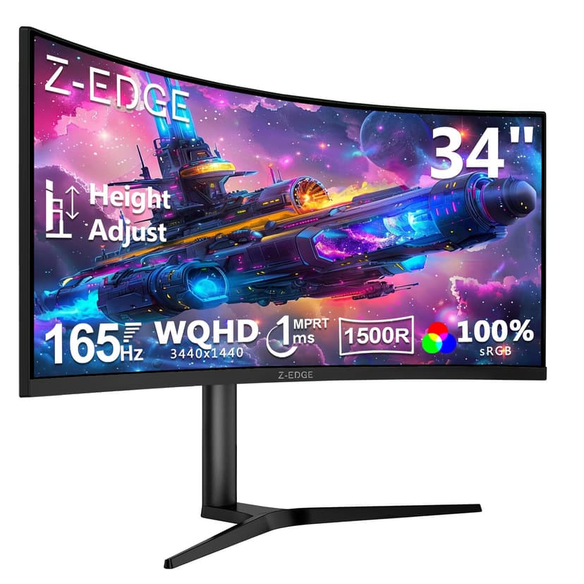Z-Edge 34 Inch Ultrawide Curved Gaming Monitor 165Hz 1ms MPRT, 3440x1440 UWQHD, 21:9 VA Panel, Tilt Swivel Height Adjustable, FreeSync, DisplayPort (165Hz) HDMI (100Hz), PIP & PBP, Black - 1