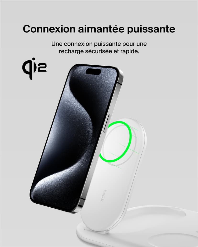 Belkin BoostCharge Socle de Recharge 2-en-1 aimanté et Pliable Qi2, 15W, Compatible MagSafe Chargeur sans Fil, Recharge Rapide, Apple iPhone 17, iPhone Air, Pixelsnap, Adaptateur Inclus - Blanc - 4