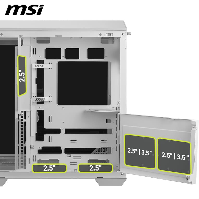 MSI MAG PANO 100L PZ WHITE ATX PC Case - ATX Capacity, Verical GPU Installation Bracket, GPU Holder, Dust Filters, Swinging Storage Bracket, Dual-chamber, USB 20Gbps Type-C - 5