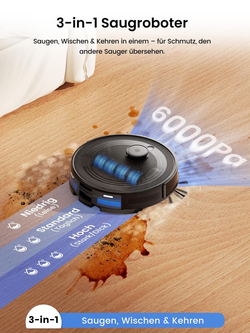 Lefant M2 Plus Aspirateur Robot Laveur avec Station 6000Pa Vidage Automatique Poussière,Navigation Laser Cartographie,Évitement d'obstacles PSD,Idéal pour Poils d'animaux/Tapis, WiFi/App/Alexa, Noir - 2