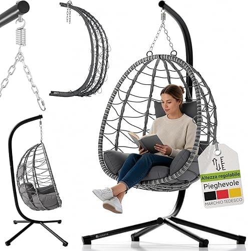 Juskys Aria Hanging Chair with Cushion, Height Adjustable and Foldable, Synthetic Rattan Swing for Outdoor and Indoor Use, Dark Grey Wicker Seat up to 130 kg