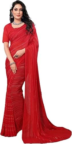 ETHNICMODE Indian Soft Satin Light Weight Party Wear Red Sari With Unstitched Red Blouse Piece-1110