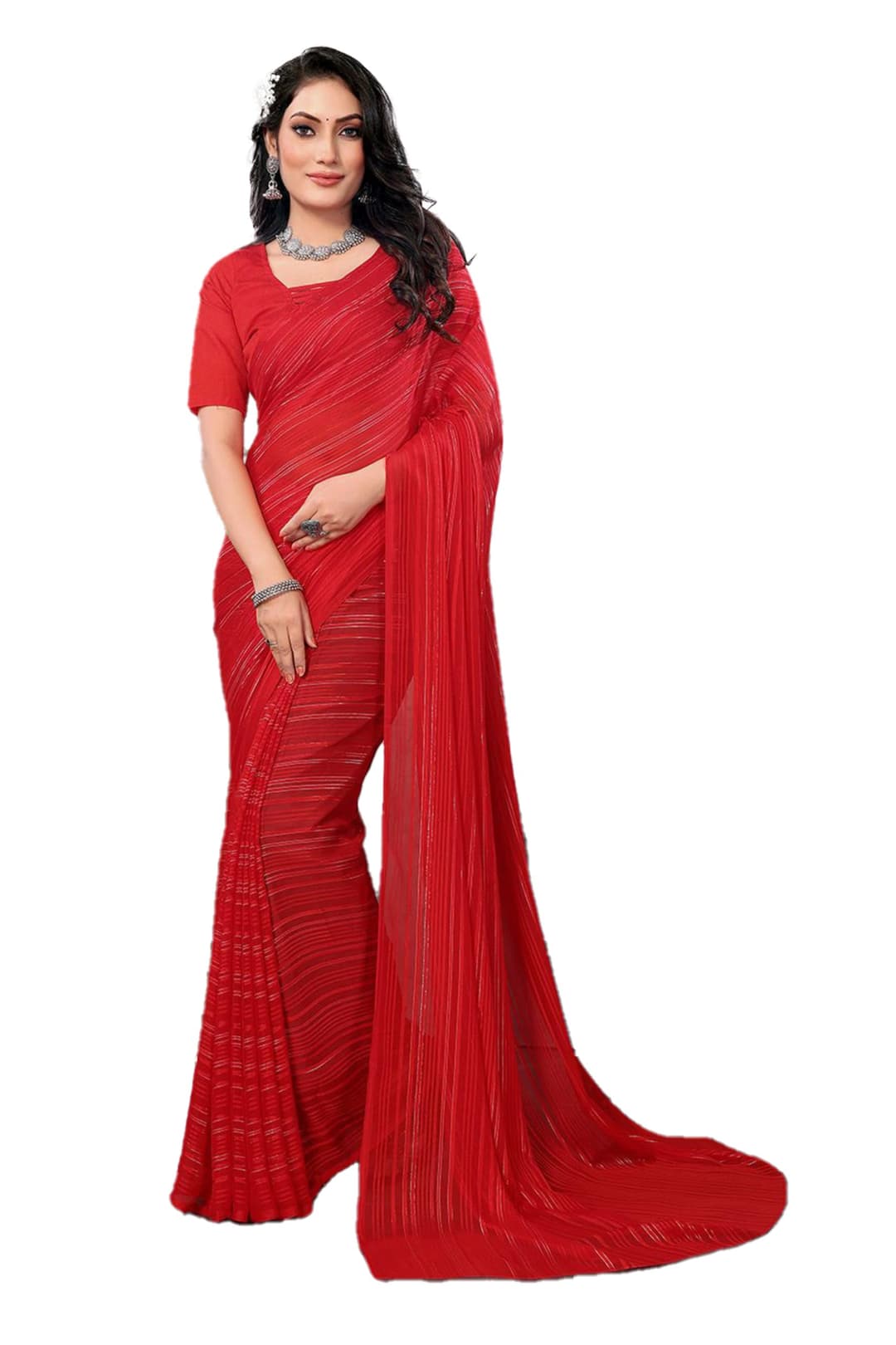 ETHNICMODE Indian Soft Satin Light Weight Party Wear Red Sari With Unstitched Red Blouse Piece-1110