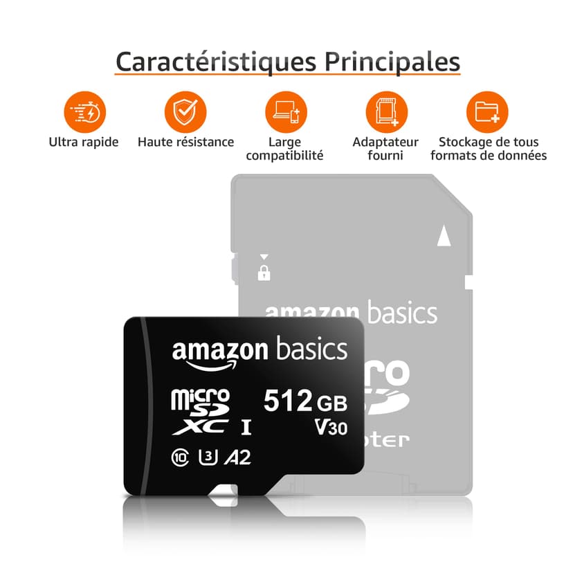 Amazon Basics Carte Mémoire microSDXC avec Adaptateur Grande Taille, A2, U3, Vitesse de Lecture Jusqu’à 100Mbit/s, 512Go, Noir - 2