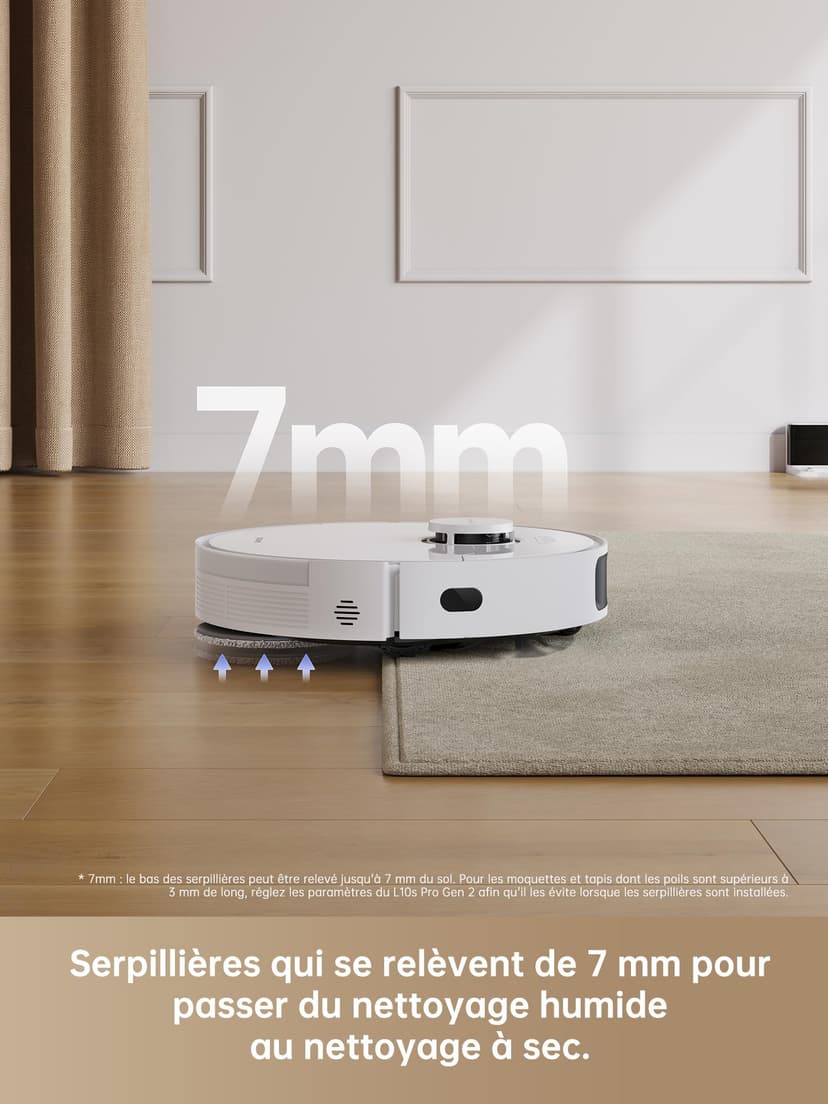 dreame L10s Pro Gen 2 Robot Aspirateur Laveur 7 000 Pa, Levage Automatique des Serpillières, Détection de Tapis par Ultrasons, Compatible avec Siri/Dreamehome, Poils d'animaux, Sol Dur et Tapis - 4
