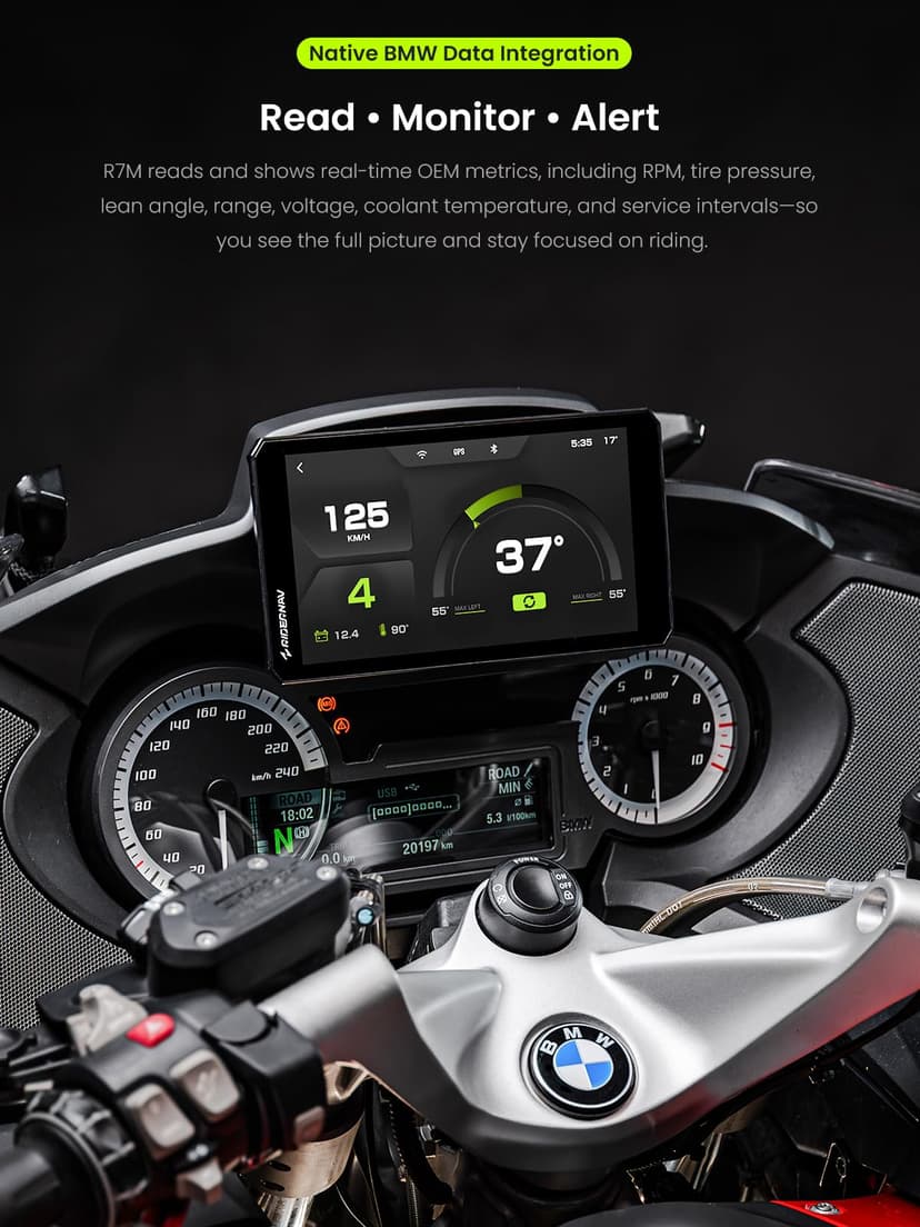 RiderNav R7M 7" Wireless Motorcycle CarPlay & Android Auto for BMW Motorcycles - Native Wonder Wheel & Action Camera Control (GoPro/Insta360)| TPMS/RPM| OTA Updates|1200-Nit IP69K GPS | Nav Prep 5/6 - 6