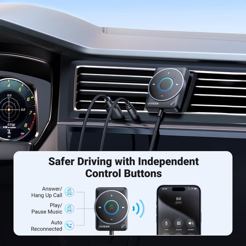 UGREEN Aux Bluetooth 5.4 Adapter for Car, Bluetooth Receiver with Dual Connection, Noise Cancellation, Build-in Mic, 3.5mm Car Bluetooth Aux Adapter for Hands-Free Calls and Music Streaming - 5