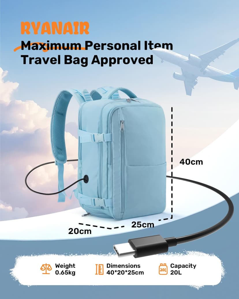 Samfolk Cabin Bags for Ryanair 40x20x25 Underseat Travel Bag 12 Pockets Hand Luggage Bag Cabin Bag with Separate Shoe Pocket for Women & Men Carry on Bag with Anti-theft Pockets (Blue, 40x20x25) - 3
