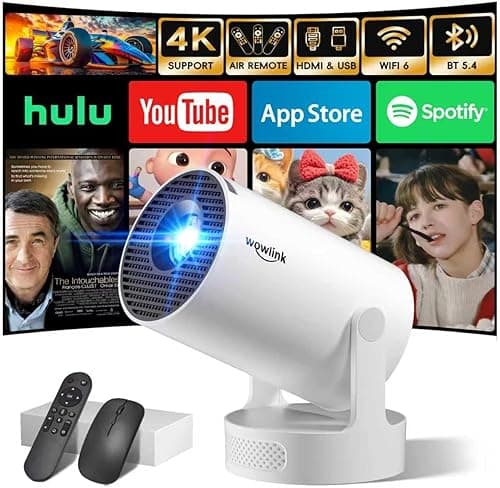 Mini Projector with WiFi 6 and Bluetooth 5.4 Support 4K 1080P Auto Keystone 180° Rotatable Projector Portable Compatibile with HDMI/TV Stick/Memory Stick