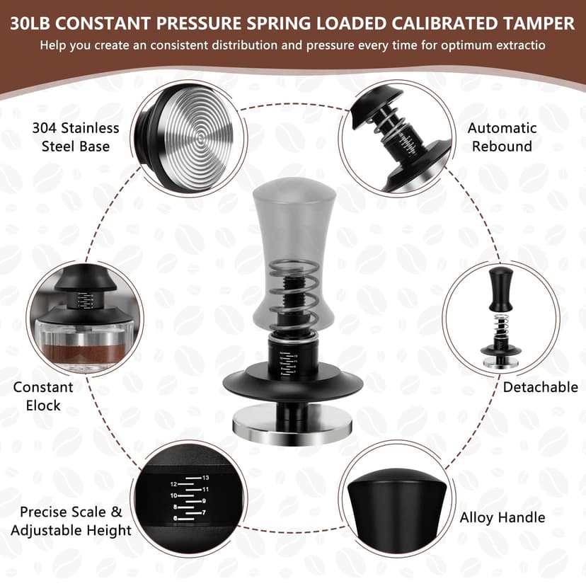Y-Step 4PCS 51mm Coffee Tamper Set: with 30LB Calibrated Spring Loaded Barista Tamper, Tamper Mat, Spray Bottle, WDT Tool Espresso Coffee Distribution Stirrer, Espresso Aluminum Handle Accessories - 3
