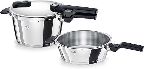 Fissler Vitaquick Jeu D’autocuiseurs, 3 Pièces (1 Faitout-autocuiseur 4,5 l + 1 Poêle-autocuiseur 2,5 l 22 cm), Compatible Induction, Métallique, Argenté