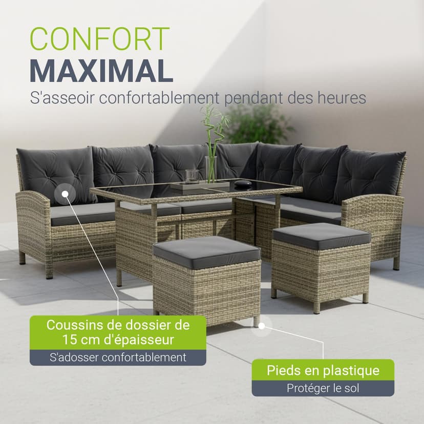 Juskys Salon de Jardin Lounge Manacor en polyrotin Gris moucheté - avec canapé, Table, 2 tabourets et Coussins - Ensemble de Meubles de Jardin jusqu'à 7 Personnes - Housses Grise - 6
