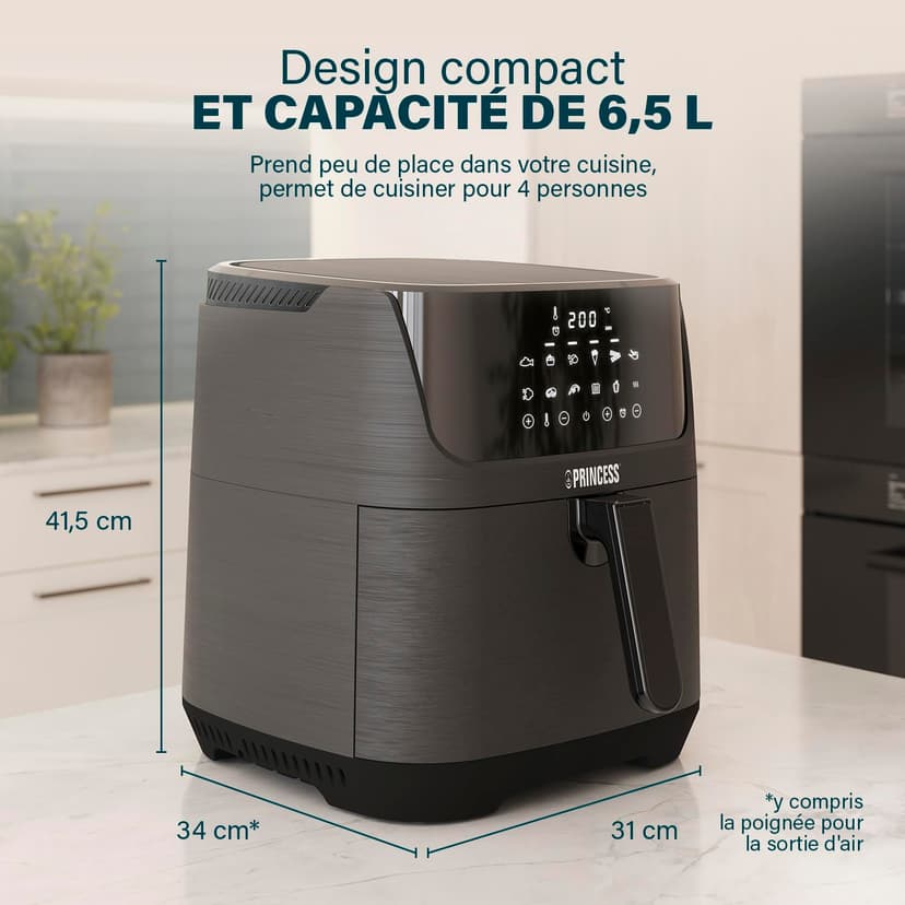 Princess Friteuse à Air Digitale 6,5 L avec Séparateur Amovible, 12 Programmes, Écran Tactile, Jusqu’à 60% d’Économie d’Énergie, Sans Huile, pour 1,5 kg Frites, Noire, 182061 - 2