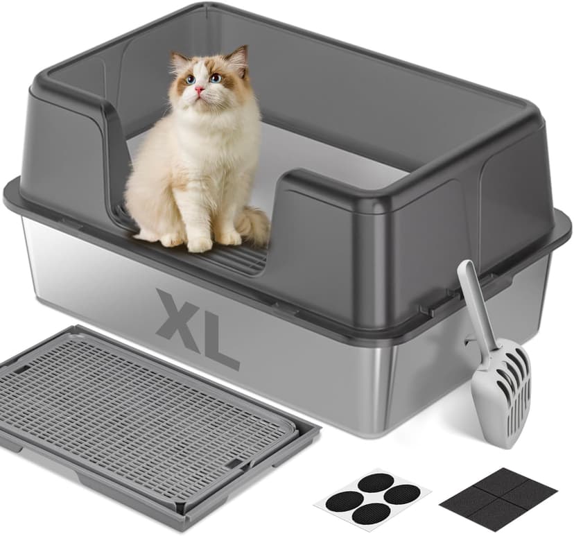 Litière pour chat en acier inoxydable - 60 x 40 x 30 cm - Avec tapis de litière et pelle à litière - Ne colle pas aux résidus et ne tire pas les odeurs - 1