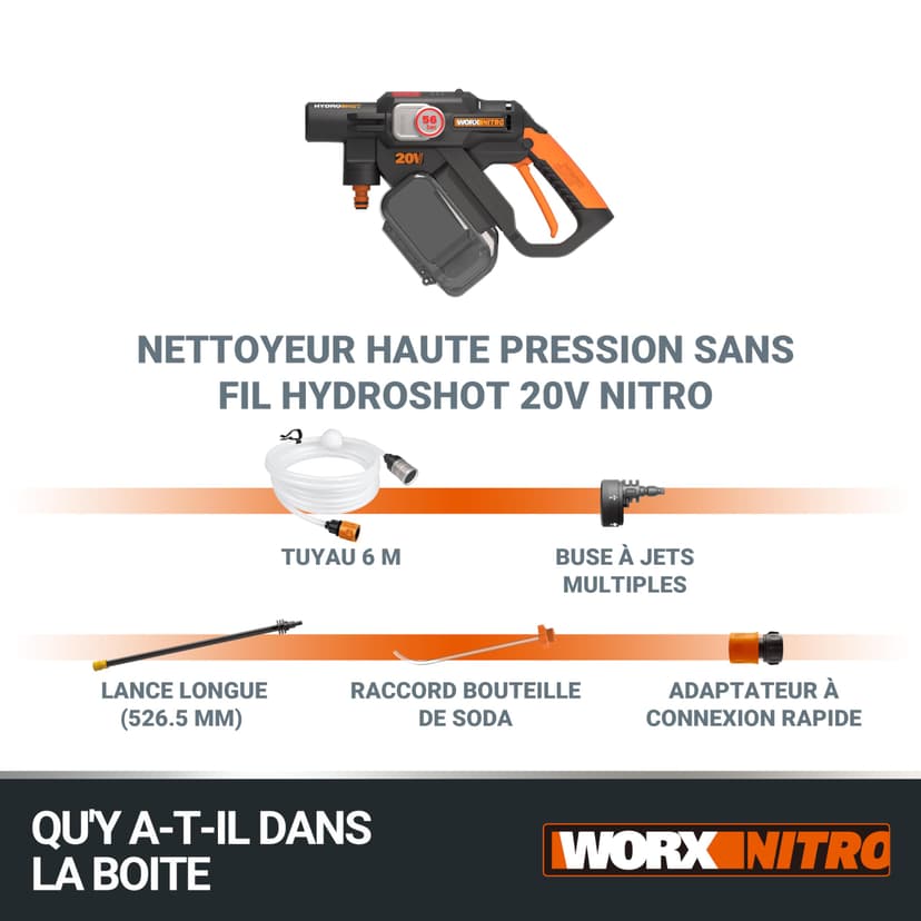 WORX Nettoyeur Haute Pression sans Fil Brushless 20V Hydroshot WG633E.9, Outil Mobile, Puise l'eau n'importe où, Tuyau 6m, Lance Longue, buse à Jets Multiples, Livré sans Batterie ni Chargeur - 9