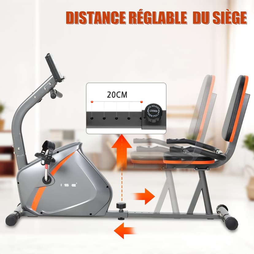 ISE Horizontal Exercise Bike with Adjustable Saddle, Recumbent Exercise Bike Ideal for Recovery Training, Pulse Sensors, Quiet, Grey - 8