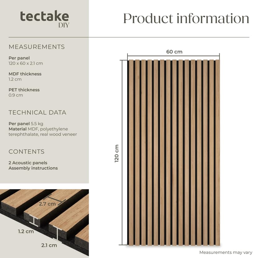 tectake® Set of 2 Acoustic Wall Panels with Real Wood Veneer & MDF, Sound-Absorbing Acoustic Panels with Felt Fabric & Wood Slats, Adjustable Size & Easy Installation, 120 x 60 x 2.1 cm - Oak - 6